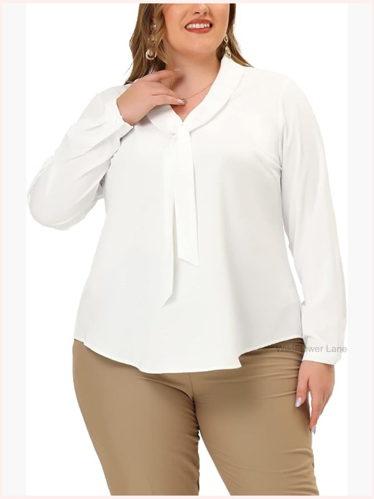 Plus Size Long Sleeve Tie V Neck Chiffon Blouse Office Top